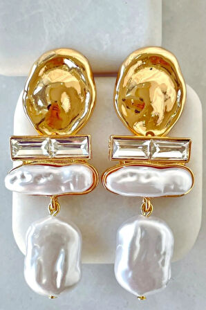 Gold  Kristal Taşlı Ezme İnci Sallantılı Model Küpe