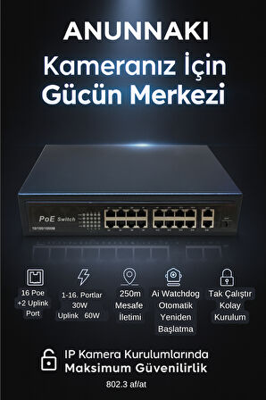 Anunnaki 10316KE 16+2+1 Port Gigabit Poe Switch 16FE+2GE+1SFP IP Kamera Network Poe Gigabit Switch