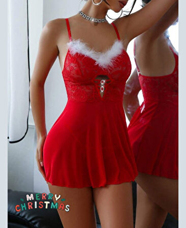 Intive Yılbaşı Koleksiyonu- Kırmızı Beyaz Önü Beyaz Tüy Detaylı Aksesuarlı Mini Gecelik