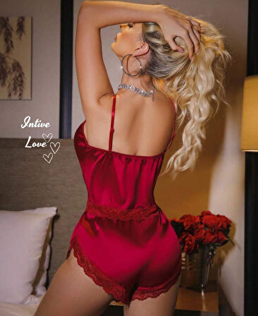 Intive Comfy Kırmızı Önden Bağlamalı Dantel Biyeli Mini Şort Büstiyer Şort