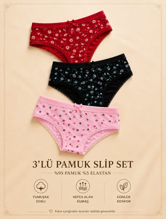 Intive Comfort Desenli Beli Yazılı Lastikli Lacivert/Pembe/Kırmızı 3'lü Slip Set