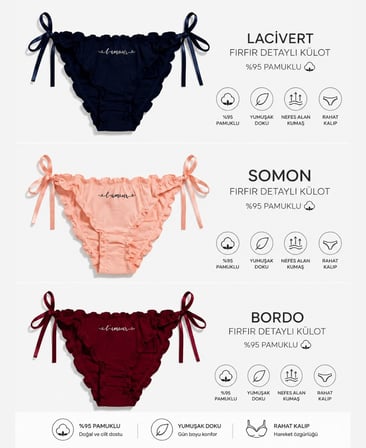 Intive Sugar 3'lü Yandan Saten Bağlamalı %95 Pamuklu Lolita Külot Set (Somon,Lacivert,Bordo)
