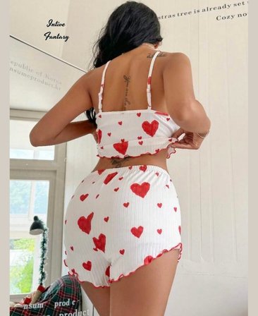 Intive Cutie Kırmızı Kalp Desenli Beyaz Rahat Kumaştan Şort Crop Pijama Takımı
