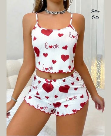 Intive Cutie Love Yazılı Kalp Desenli İnce Askılı Bralet Şort Takım/Pijama Takımı