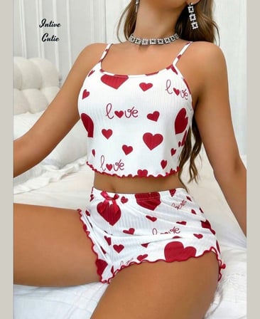 Intive Cutie Love Yazılı Kalp Desenli İnce Askılı Bralet Şort Takım/Pijama Takımı