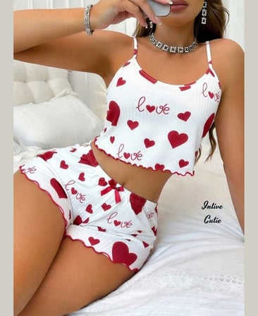 Intive Cutie Love Yazılı Kalp Desenli İnce Askılı Bralet Şort Takım/Pijama Takımı