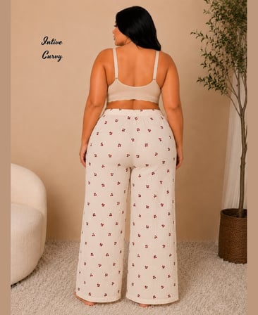 Intive Curvy Müslin Kumaş Nefes Alan Büyük Beden Kiraz Desenli Pamuklu Yazlık Pantolon (XL-3XL)