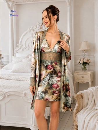 İntive Virginia Pastel Çiçekli Saten Ve Tül Detaylı 5'Li Kutulu Pijama/Çeyiz Takımı-Hediyeye Uygun
