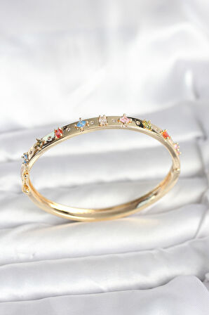 Pirinç Gold Renk Zirkon Taşlı Kelepçe Bileklik