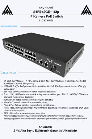 Anunnaki 10324KE 24 Port PoE Switch | 400W | 2GE Gigabit Uplink +1SFP | 250m Extend IP Kamera Uyumlu
