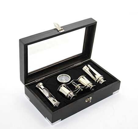 Ahşap Kutulu Pirinç Dürbün Pusula Ve Kum Saati Seti 