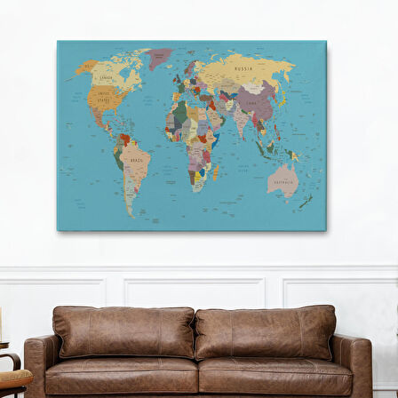 Harita Sepeti Dekoratif Kanvas Tablo Dünya Haritası Mavi Zemin 1032