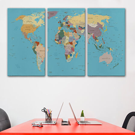 Harita Sepeti Dekoratif Kanvas Tablo Dünya Haritası Mavi Zemin 1032