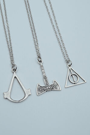 3'lü Assassin’s Creed Viking Balta Harry Potter Gümüş Kaplama Kolye Seti