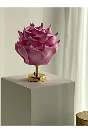 Pembe Eva Gül Tasarım Kablosuz Masa Lambası - Alt Parlak Gold