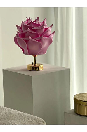 Pembe Eva Gül Tasarım Kablosuz Masa Lambası - Alt Parlak Gold
