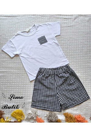 Kız Çocuk Şortlu Takım Beyaz Tişört Siyah Pötikareli Şort