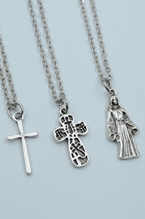 3'lü Minimal Haç Meryem Ana Gümüş Kaplama Kolye Seti