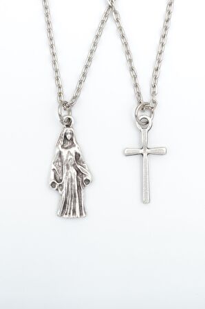 2'li Meryem Ana - Minimal Haç Erkek Kadın Kolye Seti 925 Ayar Gümüş Kaplama