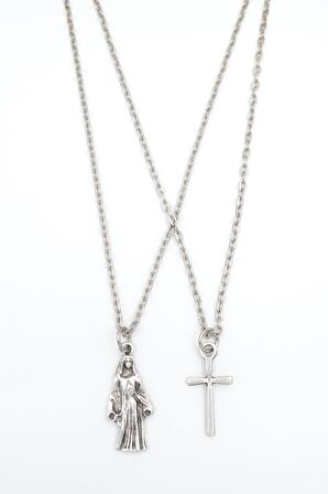 2'li Meryem Ana - Minimal Haç Erkek Kadın Kolye Seti 925 Ayar Gümüş Kaplama