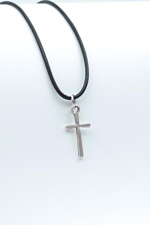 Minimal Haç Kolye Deri İp Kolye Gümüş Kaplama Erkek Kadın Kolye