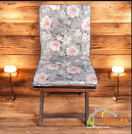 40x80 Çiçek Desenli Antrasit Gri Saten Fermuarlı Bağcıklı Biyeli Sırtlı Sandalye Minderi 3 cm 
