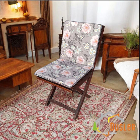 40x80 Çiçek Desenli Antrasit Gri Saten Fermuarlı Bağcıklı Biyeli Sırtlı Sandalye Minderi 3 cm 