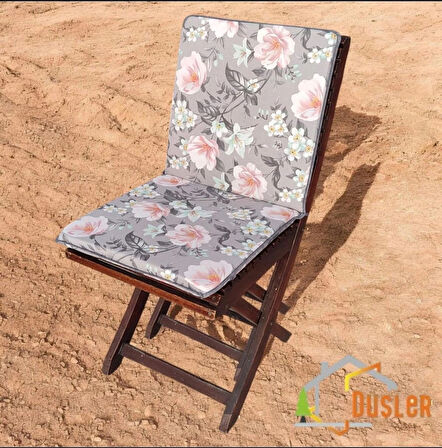40x80 Çiçek Desenli Antrasit Gri Saten Fermuarlı Bağcıklı Biyeli Sırtlı Sandalye Minderi 3 cm 