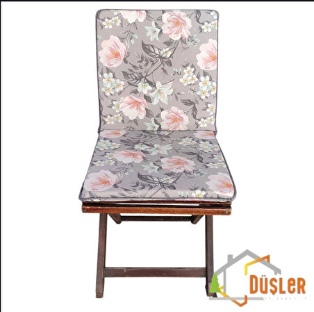 40x80 Çiçek Desenli Antrasit Gri Saten Fermuarlı Bağcıklı Biyeli Sırtlı Sandalye Minderi 3 cm 