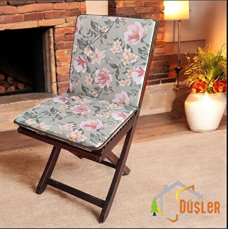 40x80 Çiçek Desenli Mint Yeşil Saten Fermuarlı Bağcıklı Biyeli Sırtlı Sandalye Minderi 3 cm