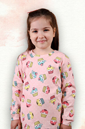 Kedi Desenli %100 Pamuk Kız Çocuk Pijama Takım