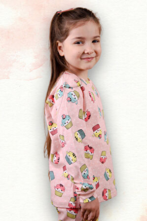 Kedi Desenli %100 Pamuk Kız Çocuk Pijama Takım