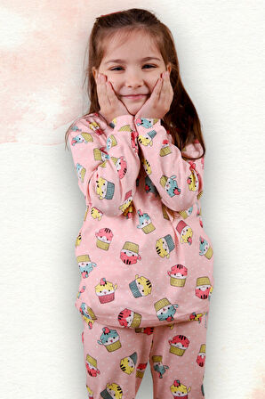 Kedi Desenli %100 Pamuk Kız Çocuk Pijama Takım