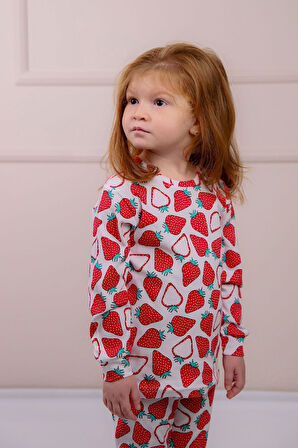 Çilek Desenli %100 Pamuk Kız Çocuk Pijama Takım
