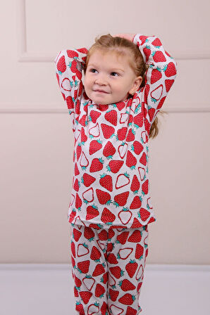 Çilek Desenli %100 Pamuk Kız Çocuk Pijama Takım