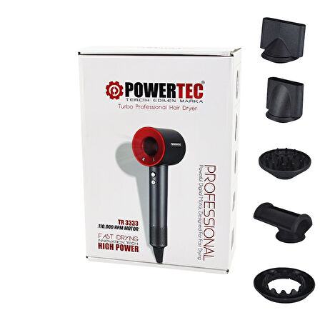 PLAZMA SAÇ KURUTMA - FÖN MAKİNESİ TURBO PROF 5 PCS UÇ - 3 KADEME SICAKLIK - HASSASİYET HIZLI KURUTMA  TR-3333 
