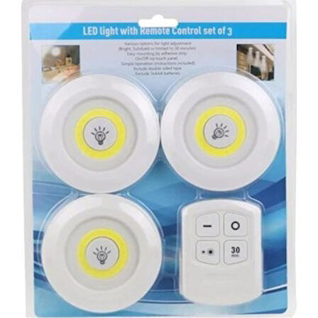 Uzaktan Kumandalı Yapışkanlı Kablosuz Pilli LED 3’lü 