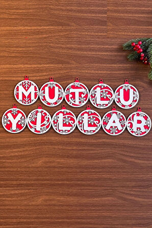 11 Harfli Kırmızı Beyaz İpli MUTLU YILLAR Yazılı Ahşap Yılbaşı Ağaç Süsü 