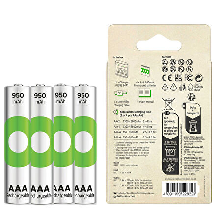GP RECYKO B441 4 X 950 MAH R03 AAA PİLLİ ŞARJ CİHAZI (GP-B441/100HCER21-2GTLB4) 