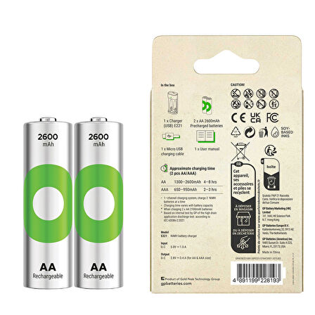 GP RECYKO E221 2 X 2600 MAH R6 AA PİLLİ PİL ŞARJ CİHAZI (GP-E221/270AHCER21-2GTLB2) 