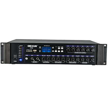 D-300 250W 6 ZONE İKİ MİK GRŞ USB-BT 4/16-70-100V HAT TRAFOLU ANFİ 