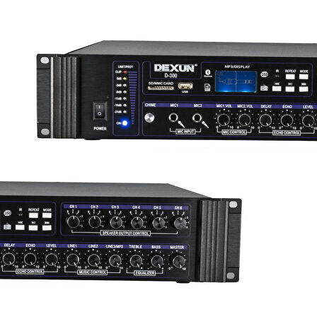D-300 250W 6 ZONE İKİ MİK GRŞ USB-BT 4/16-70-100V HAT TRAFOLU ANFİ 