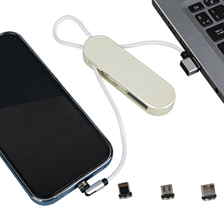 BEYAZ 3İN1 (TYPE C- LİGHTNİNG- MİCRO USB) MANYETİK UÇ TAŞINABİLİR ŞARJ KABLOSU 