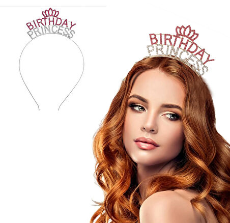 Kristal Taşlı Pembe Birthday Princess Yazılı Parti Tacı 19x11 cm 