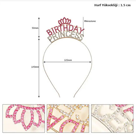 Kristal Taşlı Pembe Birthday Princess Yazılı Parti Tacı 19x11 cm 