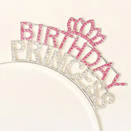 Kristal Taşlı Pembe Birthday Princess Yazılı Parti Tacı 19x11 cm 