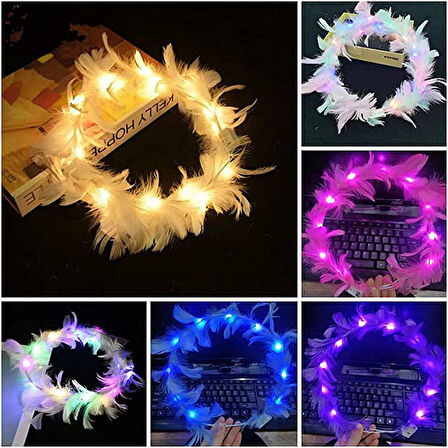 Led Işıklı Rengarenk Yanan 3 Fonksiyonlu Otrişli Parti Tacı Beyaz Renk 12x12 cm 