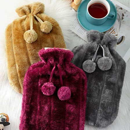 2 Litre Ponponlu Peluş Sıcak Su Torbası 1.Sınıf Kauçuk Malzeme (4727)
