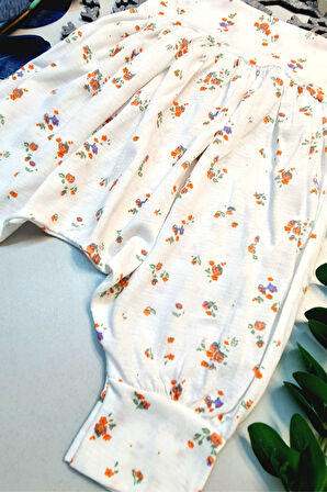 Bebek Çocuk Yazlık  Hediyelik Retro %100 Pamuk ŞalvarTuruncu Beyaz Çiçekli 