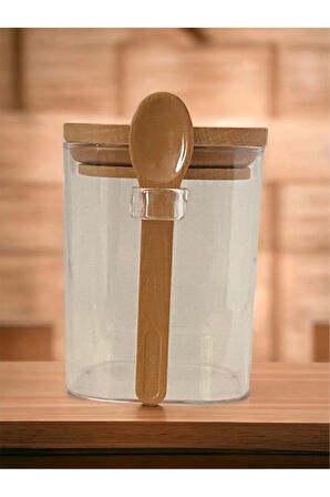 Kare Bambu Kapaklı Kaşıklı kristal plastik Baharat Saklama Kabı 500ml ( 1 adet ) -HS501